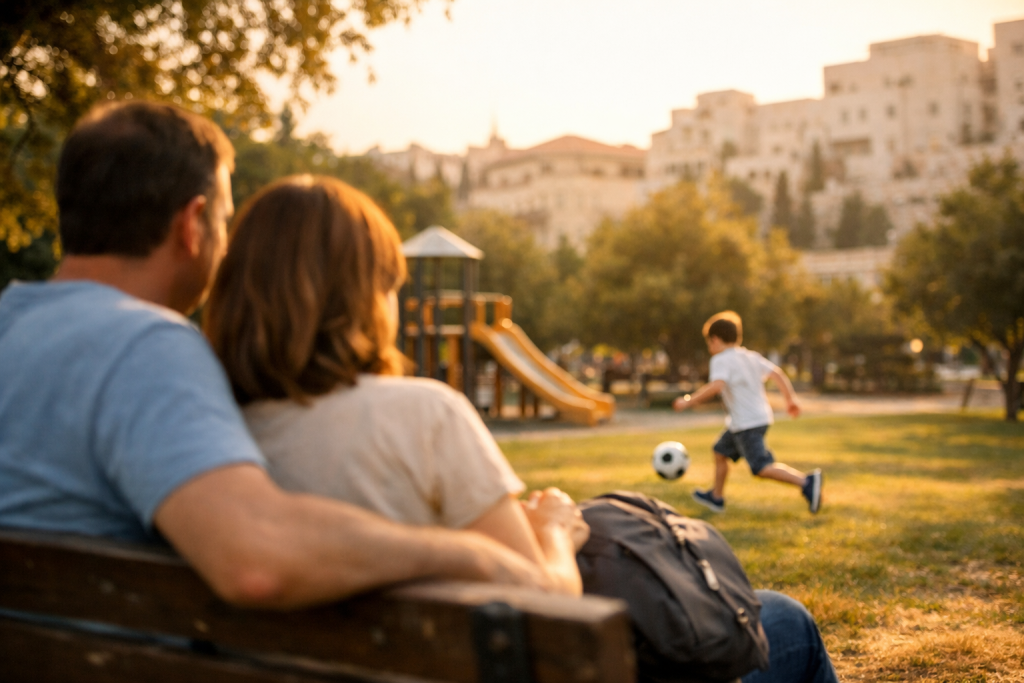 ילד משחק כדורגל וההורים דואגים לו