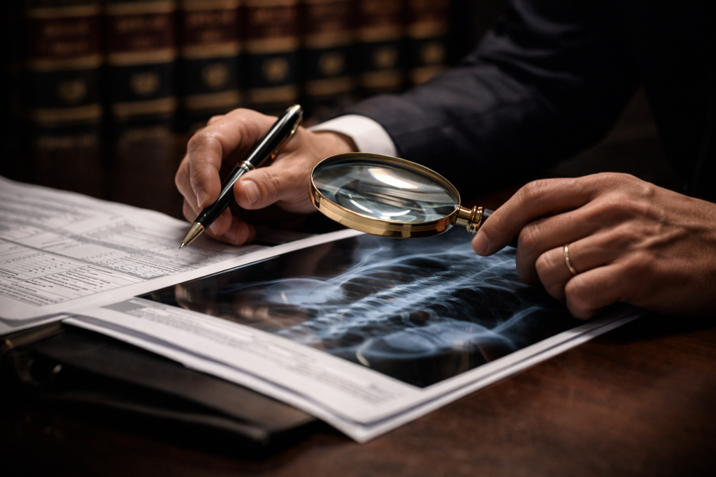 עורך דין לרשלנות רפואית בודק מסמכים רפואיים של עמוד שדרה עם זכוכית מגדלת