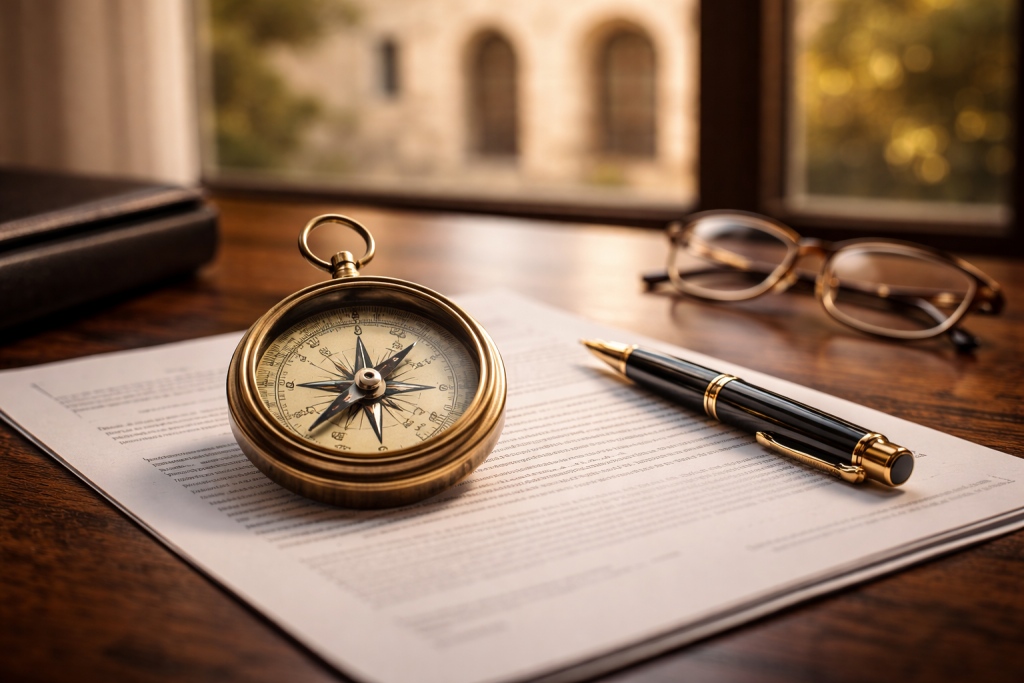 יתרונות וחסרונות ייפוי כוח מתמשך, מצפן מונח על המסמכים